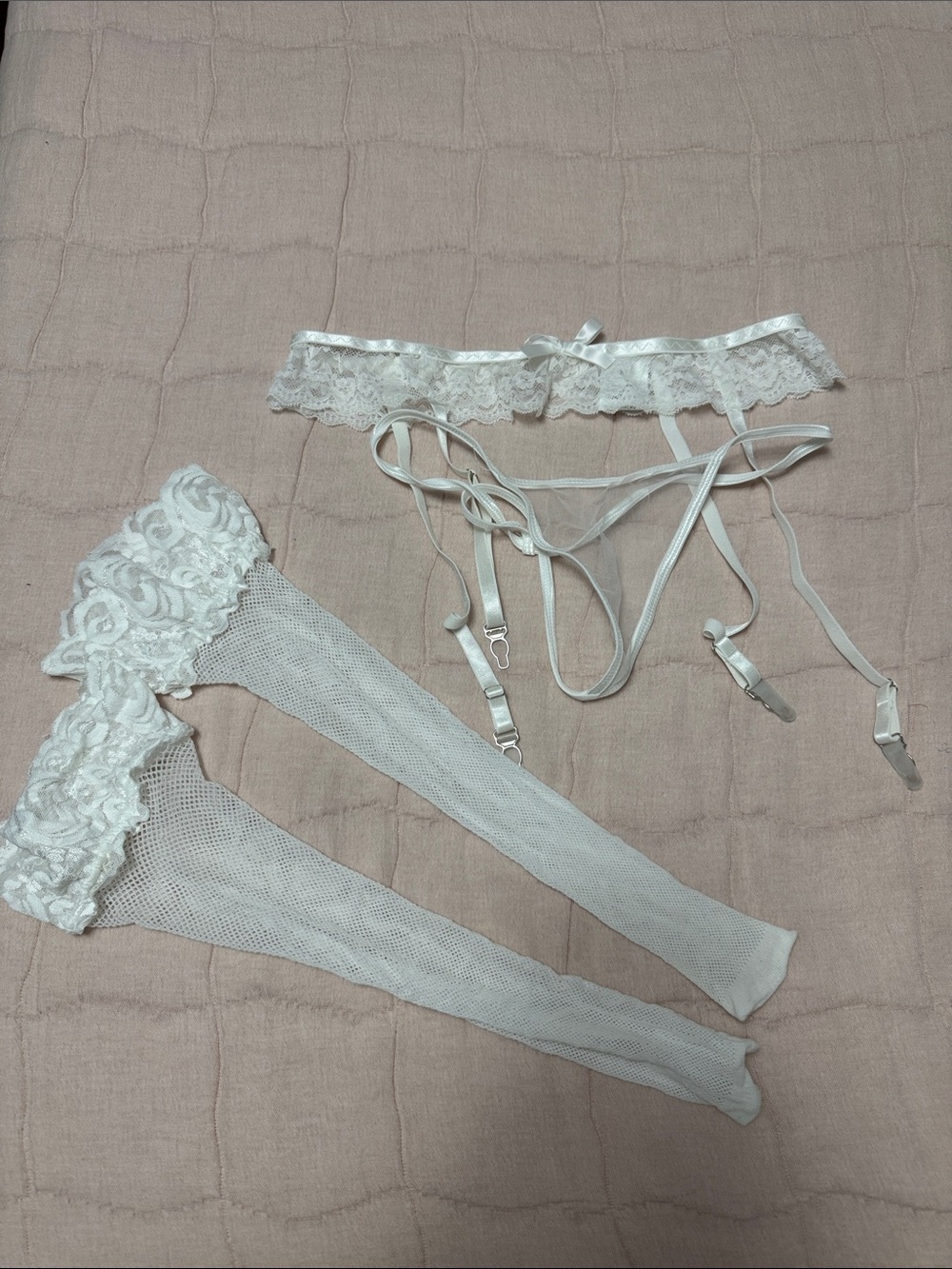 SHEIN White Lace Garter Belt with Sheer White Thigh-High Stockings